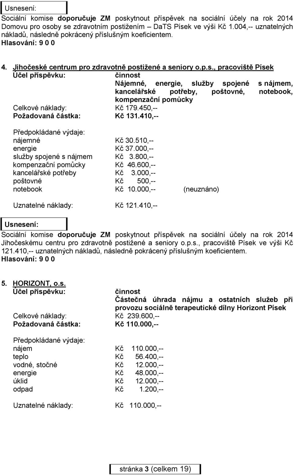 000,-- poštovné Kč 500,-- notebook Kč 10.000,-- (neuznáno) Uznatelné náklady: Kč 121.410,-- Jihočeskému centru pro zdravotně postižené a seniory o.p.s., pracoviště Písek ve výši Kč 121.