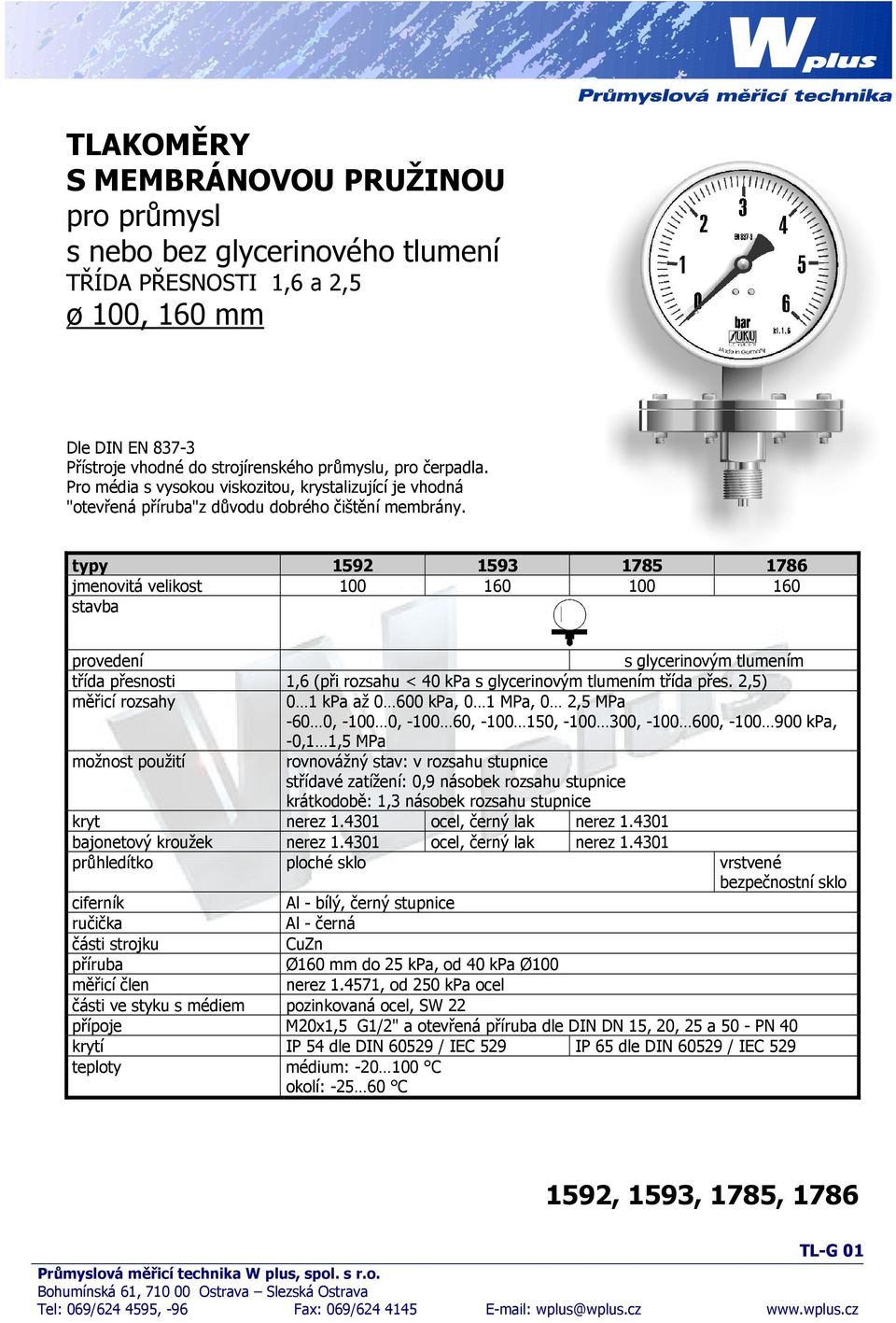 typy 1592 1593 1785 1786 jmenovitá velikost 100 160 100 160 stavba provedení s glycerinovým tlumením třída přesnosti 1,6 (při rozsahu < 40 kpa s glycerinovým tlumením třída přes.