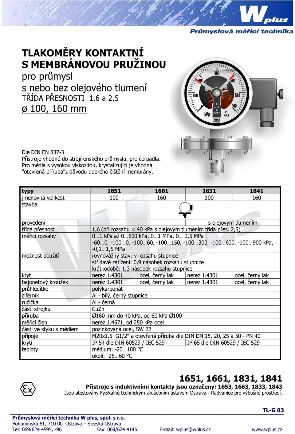 typy 1651 1661 1831 1841 jmenovitá velikost 100 160 100 160 stavba provedení s olejovým tlumením třída přesnosti 1,6 (při rozsahu < 40 kpa s olejovým tlumením třída přes.