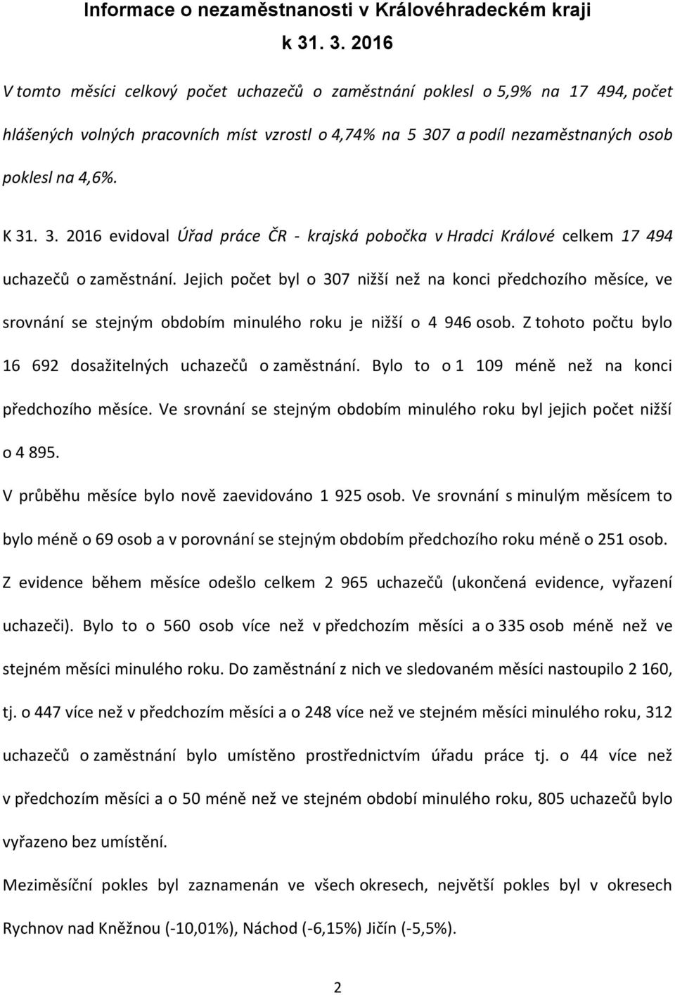 K 31. 3. 2016 evidoval Úřad práce ČR - krajská pobočka v Hradci Králové celkem 17 494 uchazečů o zaměstnání.