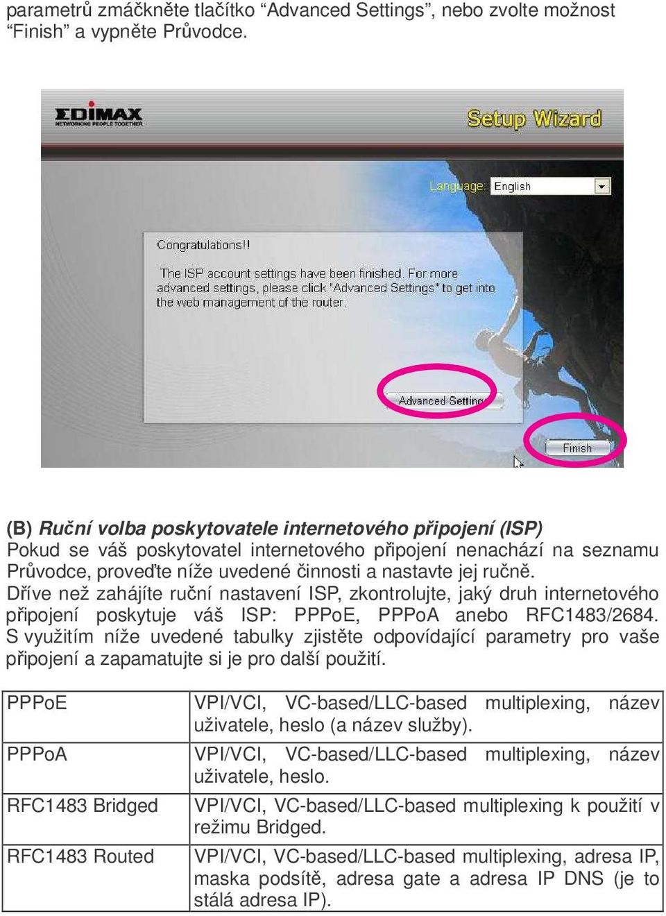 Díve než zahájíte runí nastavení ISP, zkontrolujte, jaký druh internetového pipojení poskytuje váš ISP: PPPoE, PPPoA anebo RFC1483/2684.