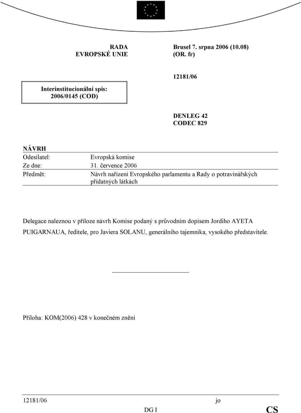 července 2006 Předmět: Návrh nařízení Evropského parlamentu a Rady o potravinářských přídatných látkách Delegace naleznou v