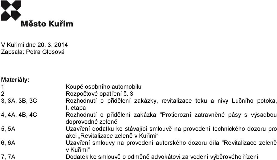 etapa 4, 4A, 4B, 4C Rozhodnutí o přidělení zakázka "Protierozní zatravněné pásy s výsadbou doprovodné zeleně 5, 5A Uzavření dodatku ke stávající