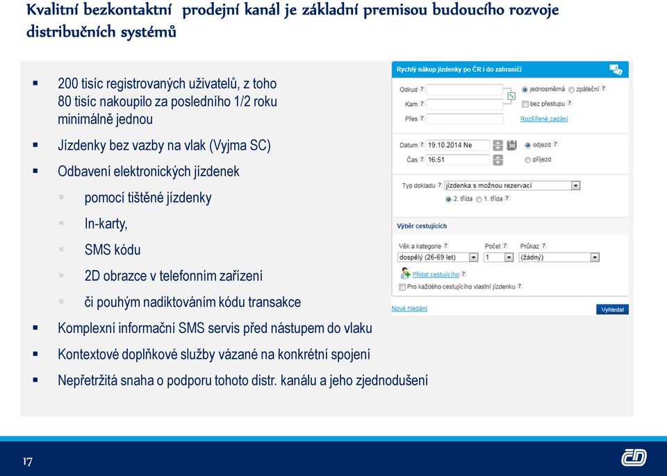 tištěné jízdenky In-karty, SMS kódu 2D obrazce v telefonním zařízení či pouhým nadiktováním kódu transakce Komplexní informační SMS servis