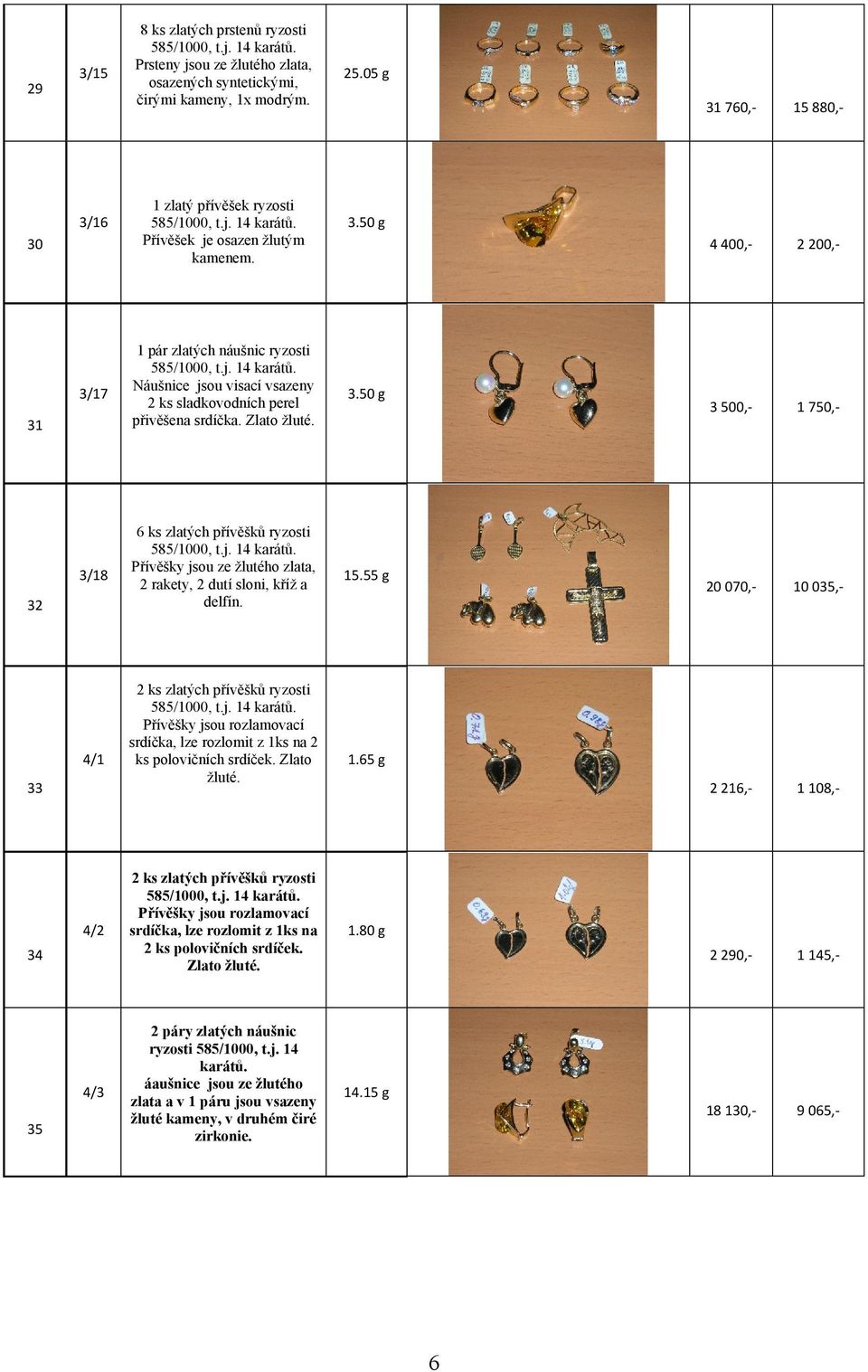 Zlato žluté. 3.50 g 3 500,- 1 750,- 32 3/18 6 ks zlatých přívěšků ryzosti Přívěšky jsou ze žlutého zlata, 2 rakety, 2 dutí sloni, kříž a delfín. 15.