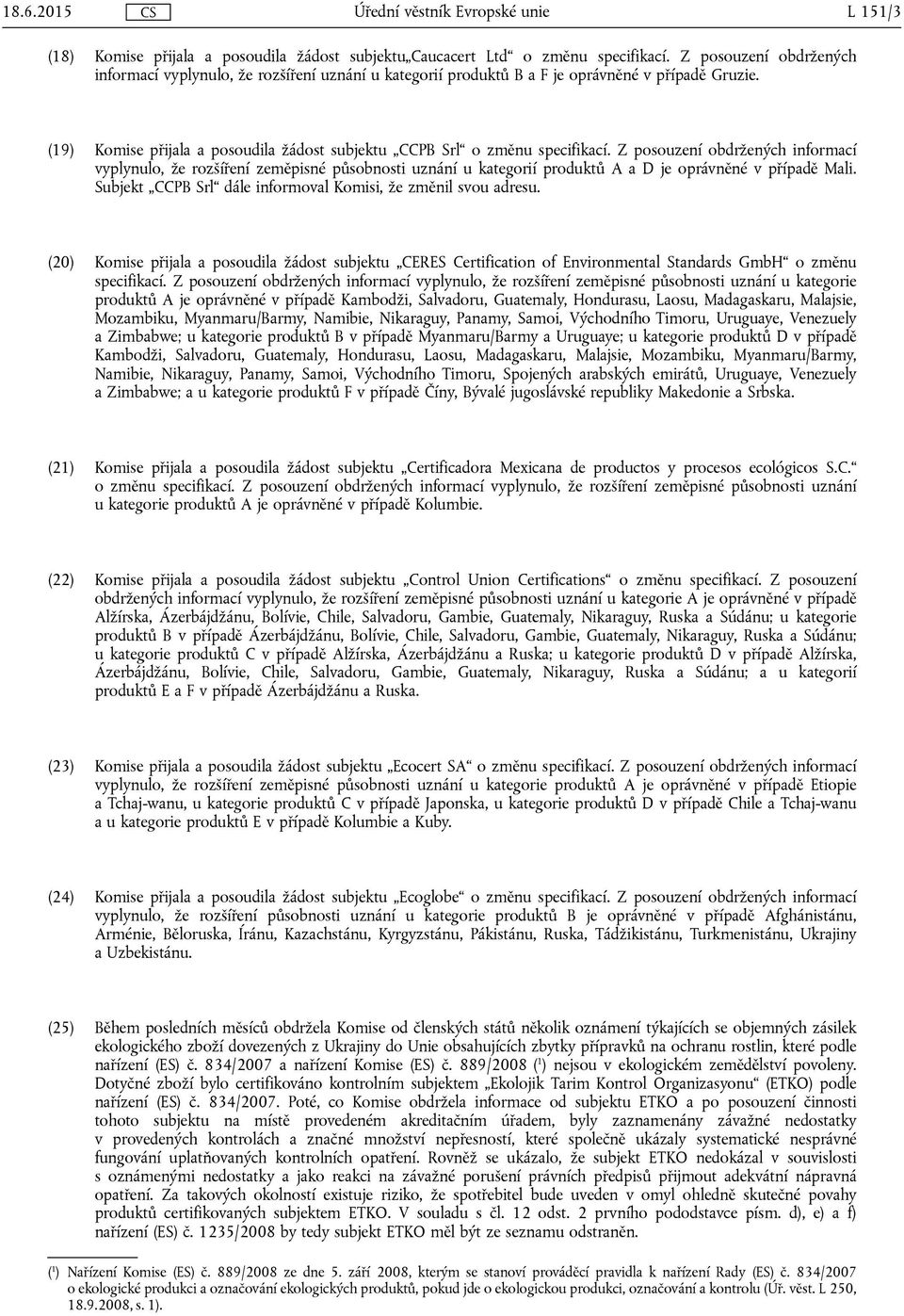 Z posouzení obdržených informací vyplynulo, že rozšíření zeměpisné působnosti uznání u kategorií produktů A a D je oprávněné v případě Mali.