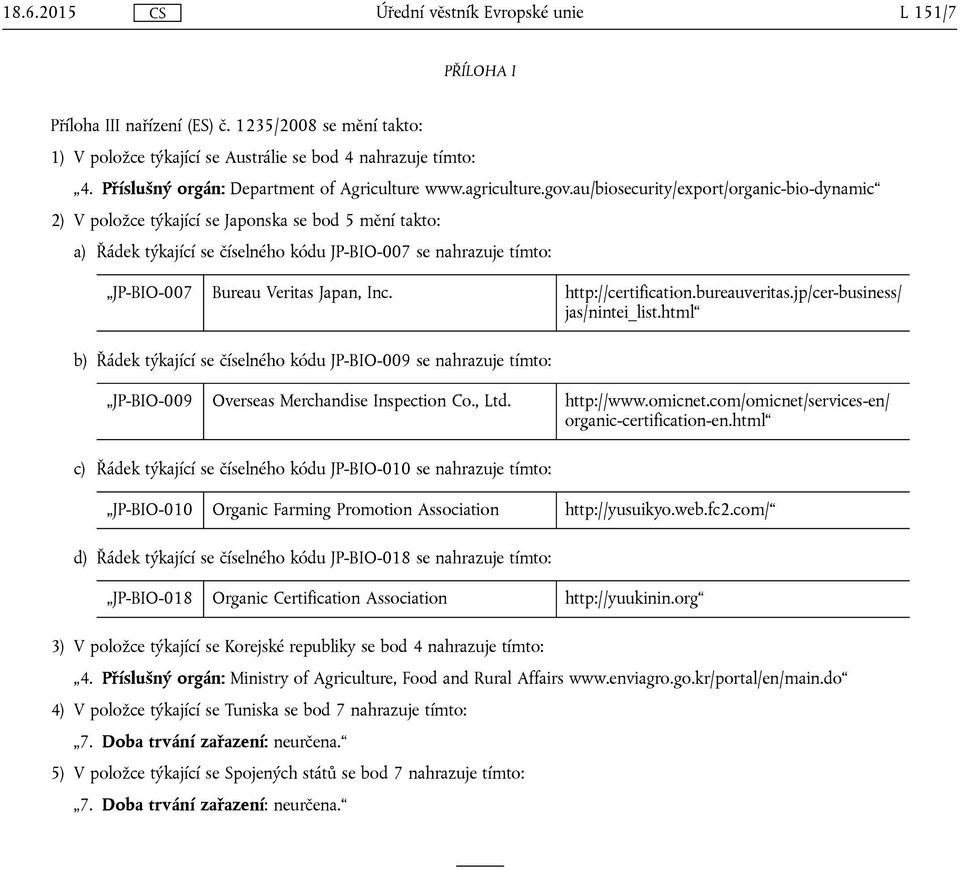 au/biosecurity/export/organic-bio-dynamic 2) V položce týkající se Japonska se bod 5 mění takto: a) Řádek týkající se číselného kódu JP-BIO-007 se nahrazuje tímto: JP-BIO-007 Bureau Veritas Japan,