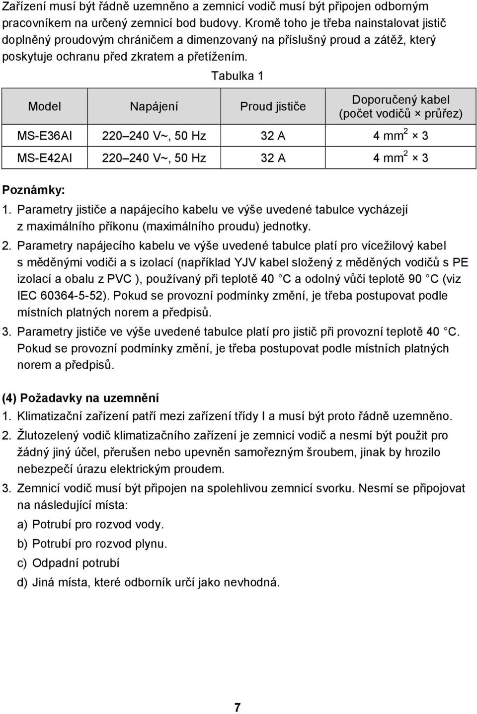 Tabulka 1 Model Napájení Proud jističe Doporučený kabel (počet vodičů průřez) MS-E36AI 220 240 V~, 50 Hz 32 A 4 mm 2 3 MS-E42AI 220 240 V~, 50 Hz 32 A 4 mm 2 3 Poznámky: 1.