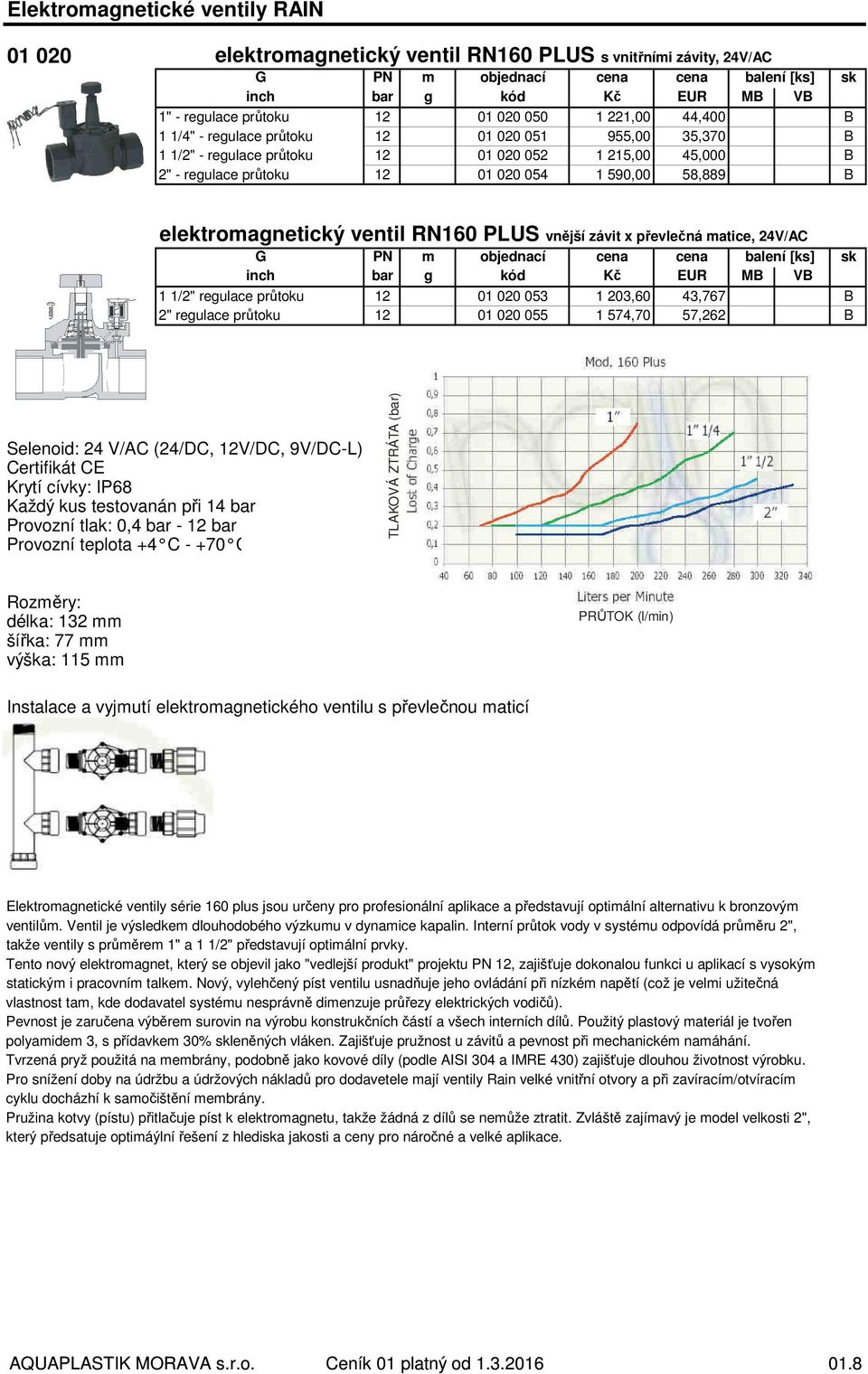 elektromagnetický ventil RN160 PLUS vnější závit x převlečná matice, 24V/AC G inch 1 1/2" regulace průtoku 2" regulace průtoku PN m objednací cena cena balení [ks] sk bar g kód Kč EUR MB VB 12 01 020