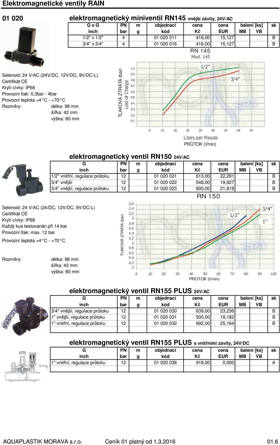 Rozměry: délka: 98 mm šířka: 42 mm výška: 80 mm TLAKOVÁ ZTRÁTA (bar) elektromagnetický ventil RN150 24V/AC G inch 1/2" vnitřní, regulace průtoku 3/4" vnější 3/4" vnější, regulace průtoku PRŮTOK