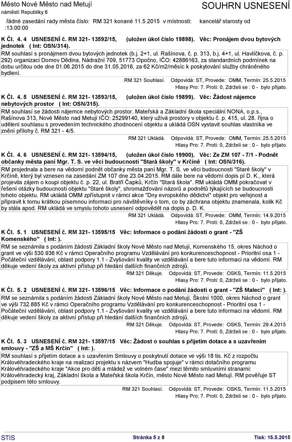 2016, za 62 Kč/m2/měsíc k poskytování služby chráněného bydlení. RM 321 Souhlasí. Odpovídá: ST, Provede: OMM, Termín: 25.5.2015 K Čl. 4. 5 USNESENÍ č. RM 321-13593/15, (uložen úkol číslo 19899).