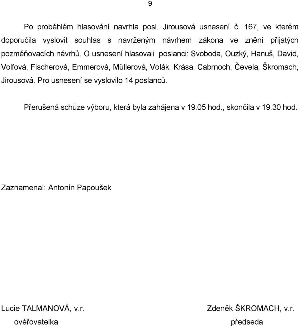 O usnesení hlasovali poslanci: Svoboda, Ouzký, Hanuš, David, Volfová, Fischerová, Emmerová, Müllerová, Volák, Krása, Cabrnoch, Čevela,