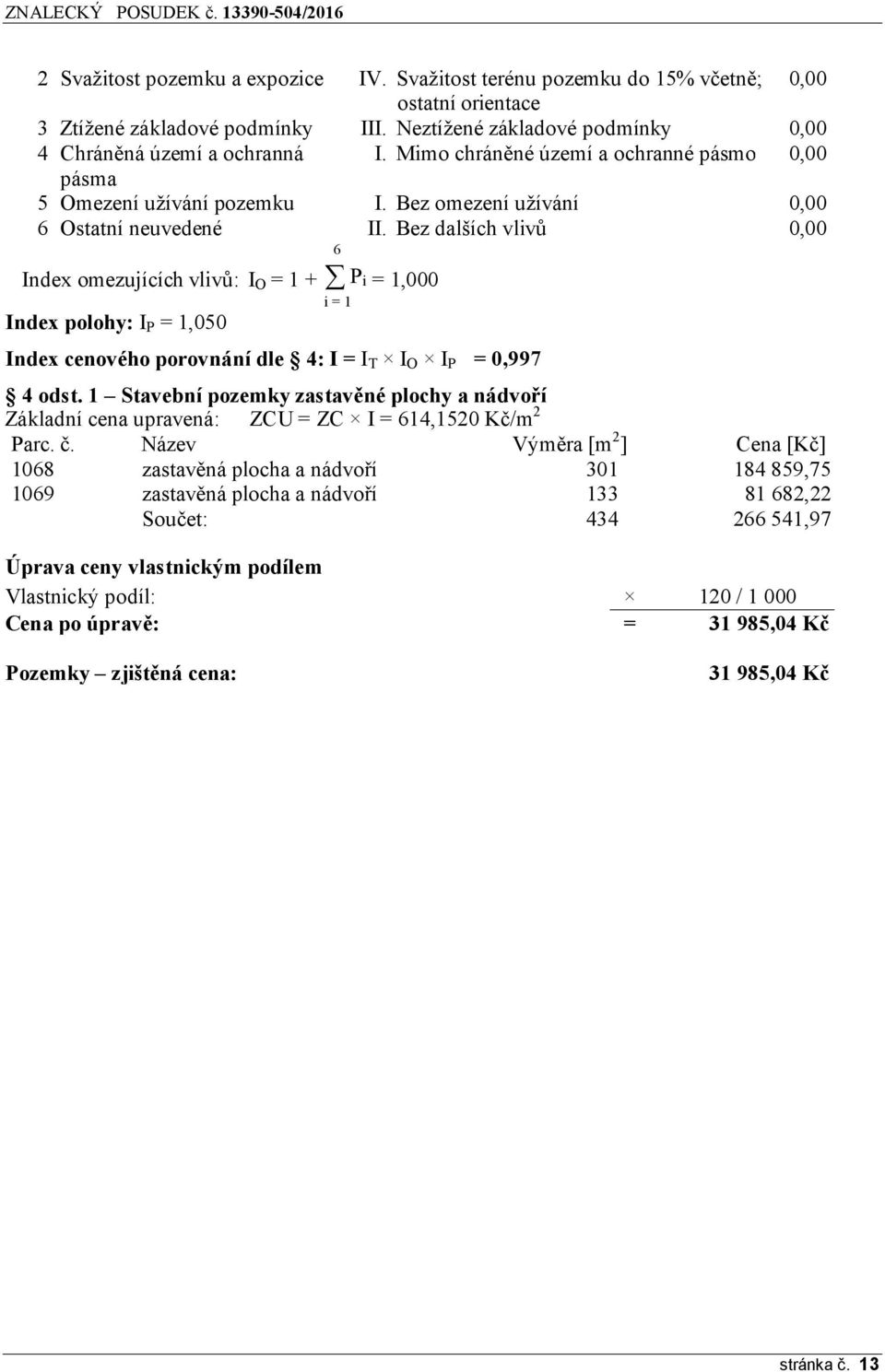 Bez dalších vlivů 0,00 Index omezujících vlivů: I O = 1 + P i = 1,000 i = 1 Index polohy: I P = 1,050 Index cenového porovnání dle 4: I = I T I O I P = 0,997 4 odst.