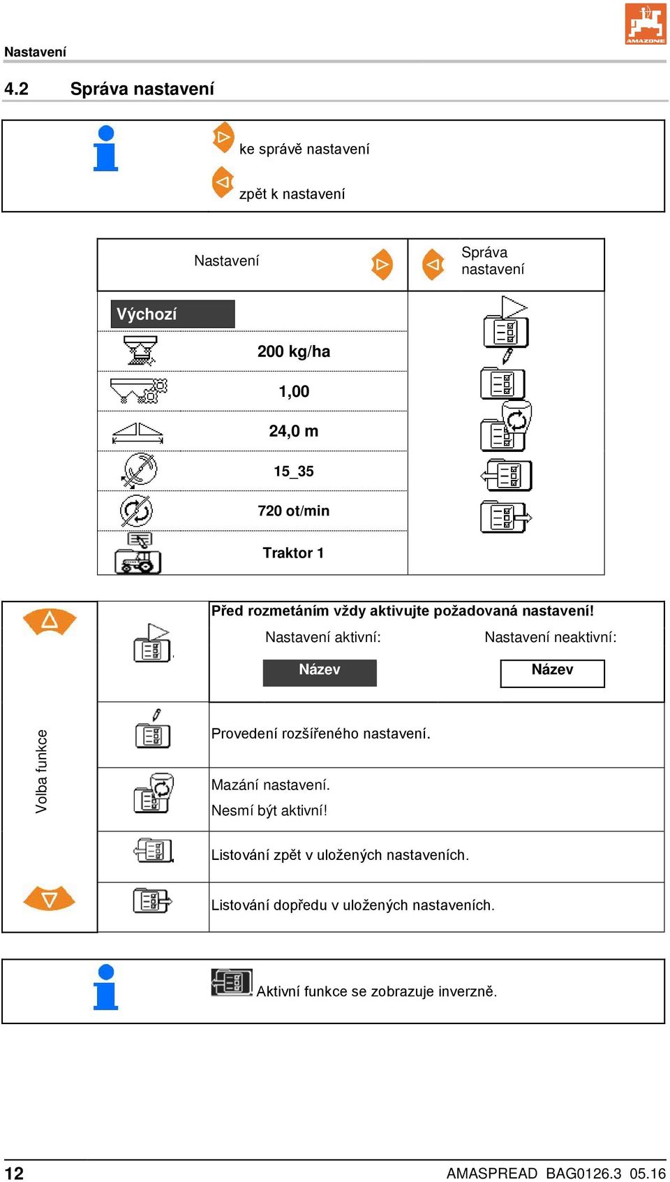 ot/min Traktor 1 Před rozmetáním vždy aktivujte požadovaná nastavení!