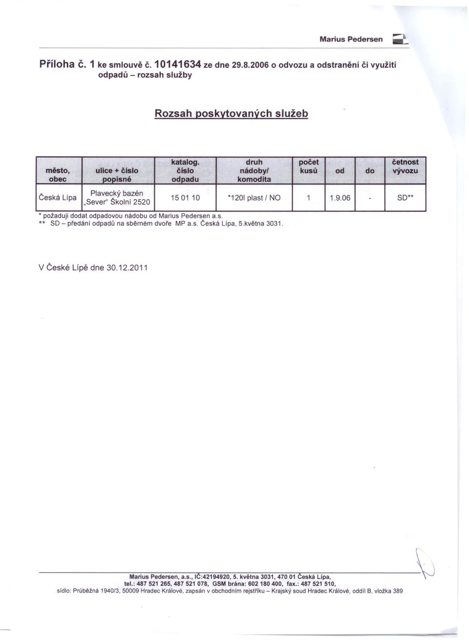 . * požaduji dodat odpadovou nádobu od Marius Pedersen a.s. ** SD - předání odpadů na sběrném dvoře MP a.s. Česká Lípa, 5.května 3031. 1501 10 *1201 plast / NO 1 1.9.