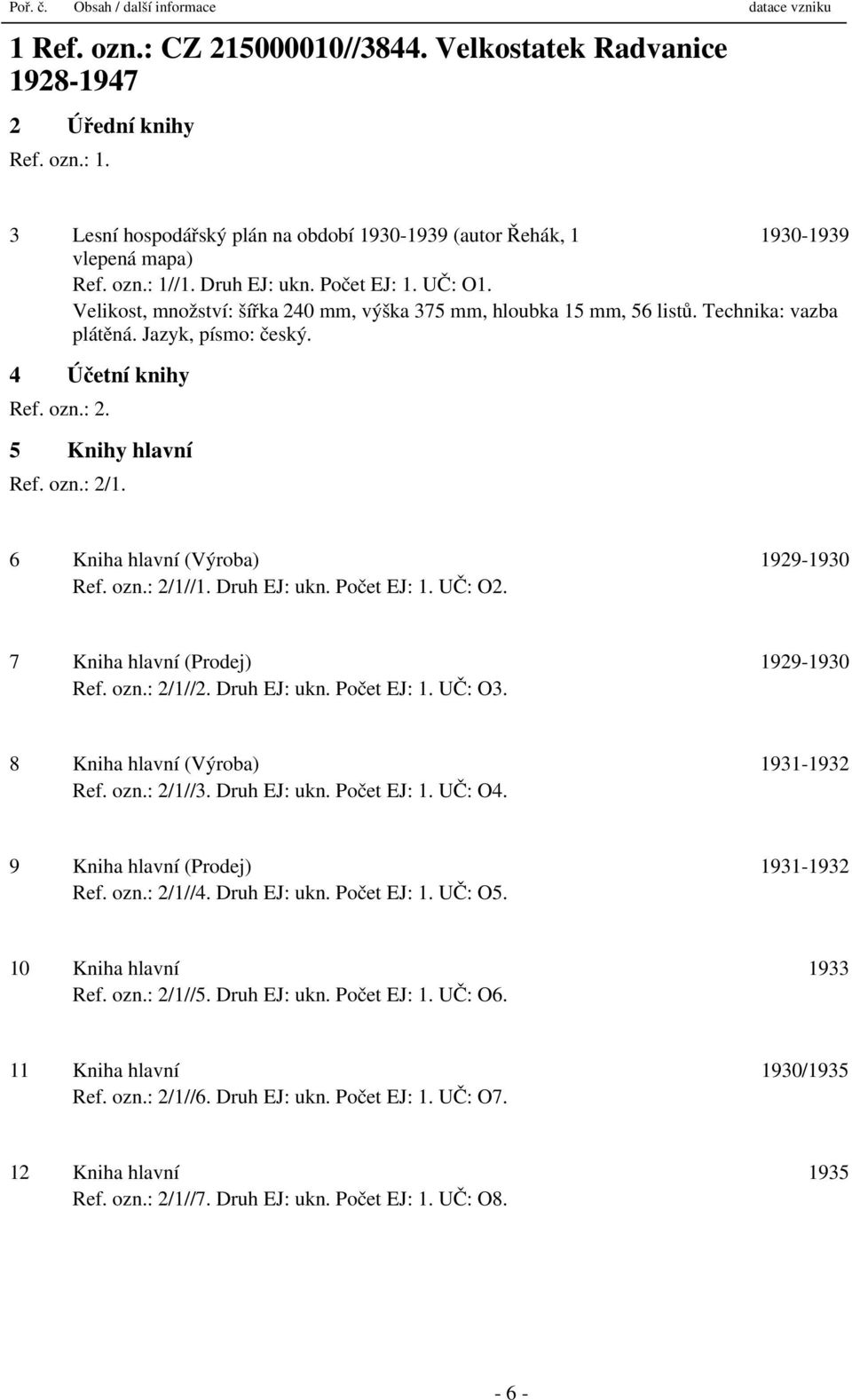 Velikost, množství: šířka 240 mm, výška 375 mm, hloubka 15 mm, 56 listů. Technika: vazba plátěná. Jazyk, písmo: český. 4 Účetní knihy Ref. ozn.: 2. 5 Knihy hlavní Ref. ozn.: 2/1.