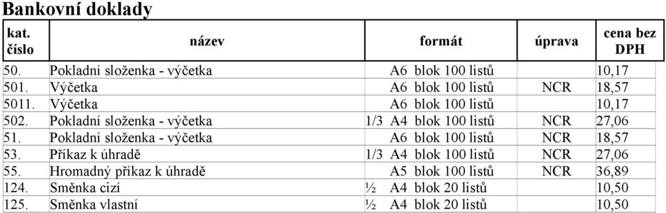 Pokladní složenka - výčetka 1/3 A4 blok 100 listů NCR 27,06 51.
