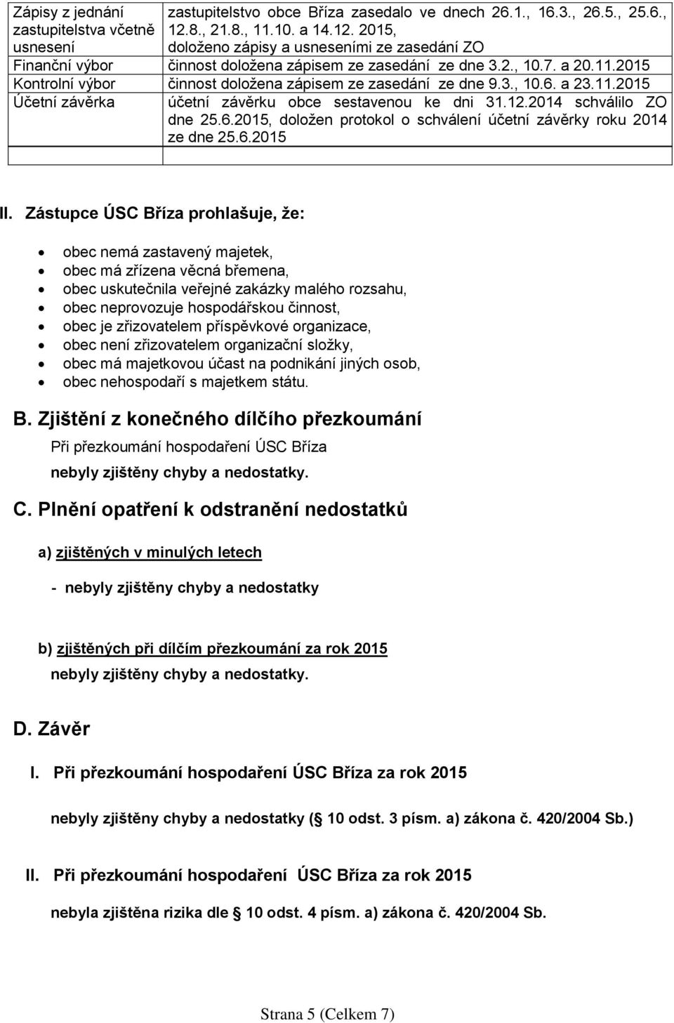 3., 10.6. a 23.11.2015 Účetní závěrka účetní závěrku obce sestavenou ke dni 31.12.2014 schválilo ZO dne 25.6.2015, doložen protokol o schválení účetní závěrky roku 2014 ze dne 25.6.2015 II.