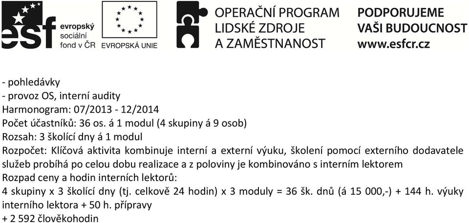 pomocí externího dodavatele služeb probíhá po celou dobu realizace a z poloviny je kombinováno s interním lektorem Rozpad ceny a hodin