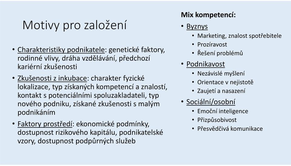 prostředí: ekonomické podmínky, dostupnost rizikového kapitálu, podnikatelské vzory, dostupnost podpůrných služeb Mix kompetencí: Byznys Marketing, znalost