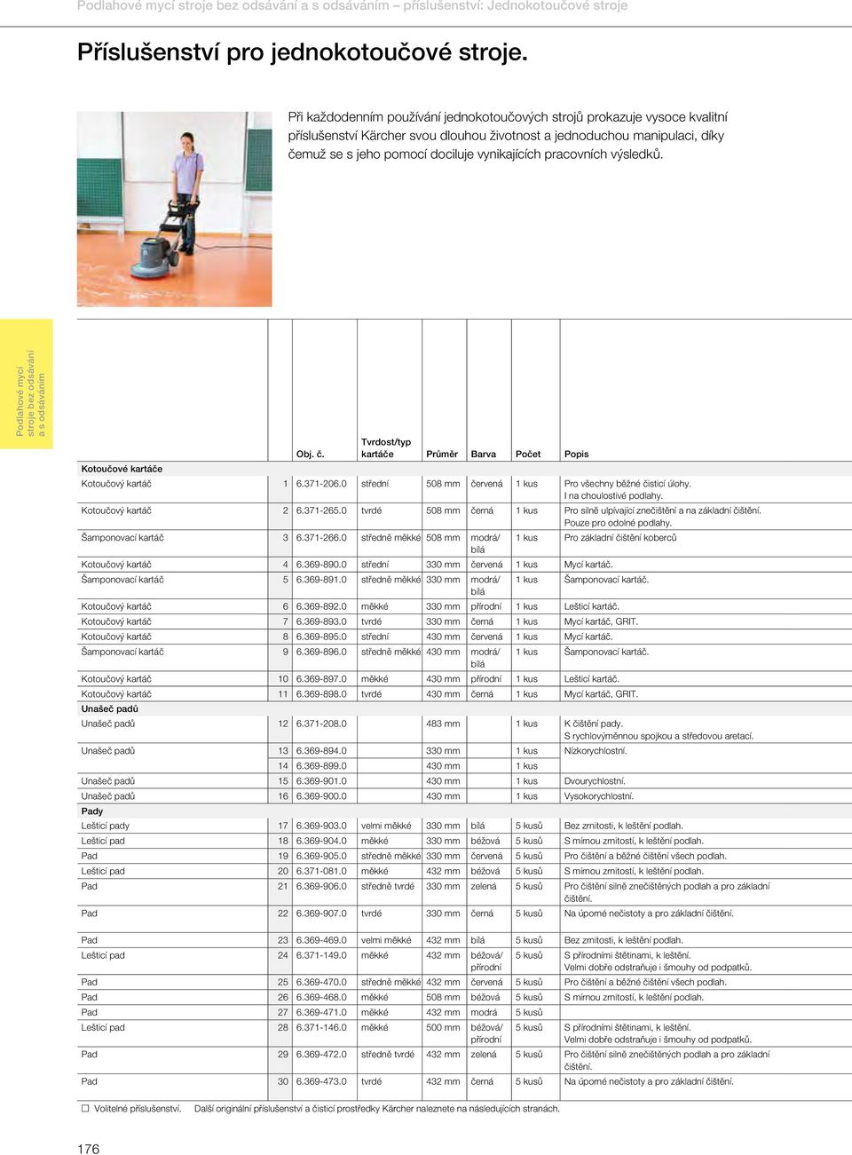 pracovních výsledků. Obj. č. Tvrdost/typ kartáče Průměr Barva Počet Popis Kotoučové kartáče Kotoučový kartáč 6.37-206.0 508 mm Pro všechny běžné čisticí úlohy. I na choulostivé podlahy.