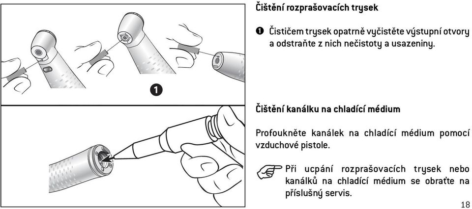 Čištění kanálku na chladící médium Profoukněte kanálek na chladící médium pomocí