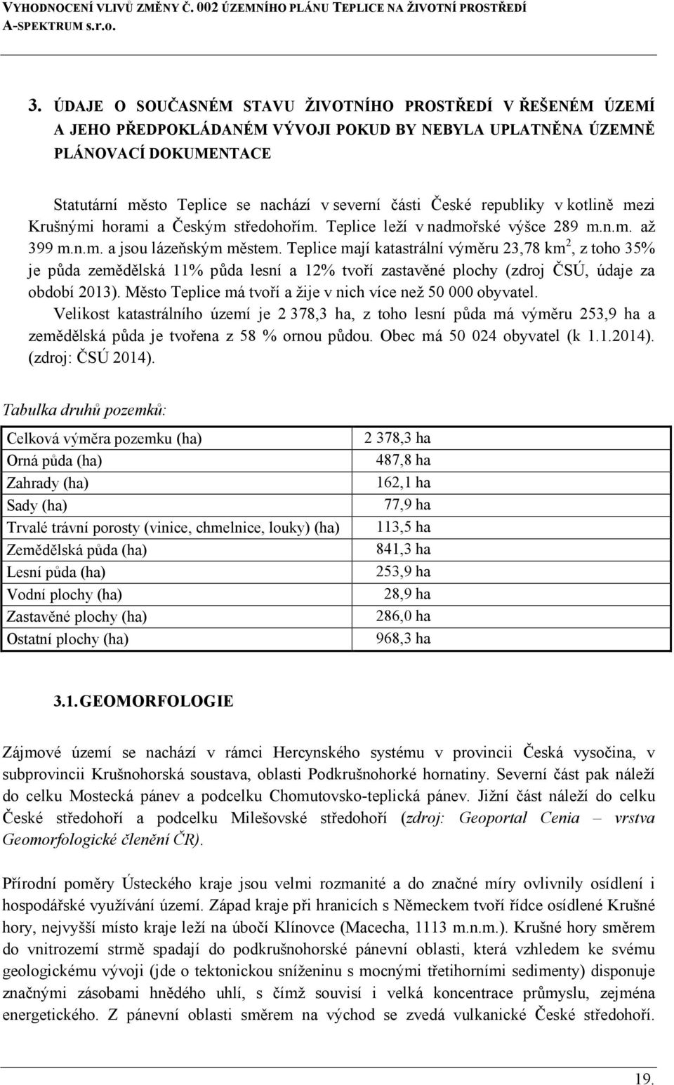 Teplice mají katastrální výměru 23,78 km 2, z toho 35% je půda zemědělská 11% půda lesní a 12% tvoří zastavěné plochy (zdroj ČSÚ, údaje za období 2013).
