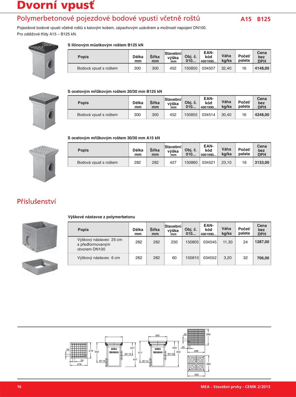 Bodová vpusť s roštem 300 300 452 150850 034507 32,40 16 4148,00 S ocelovým mřížkovým roštem 20/30 B125 kn Bodová vpusť s roštem Šířka Stavební výška č.