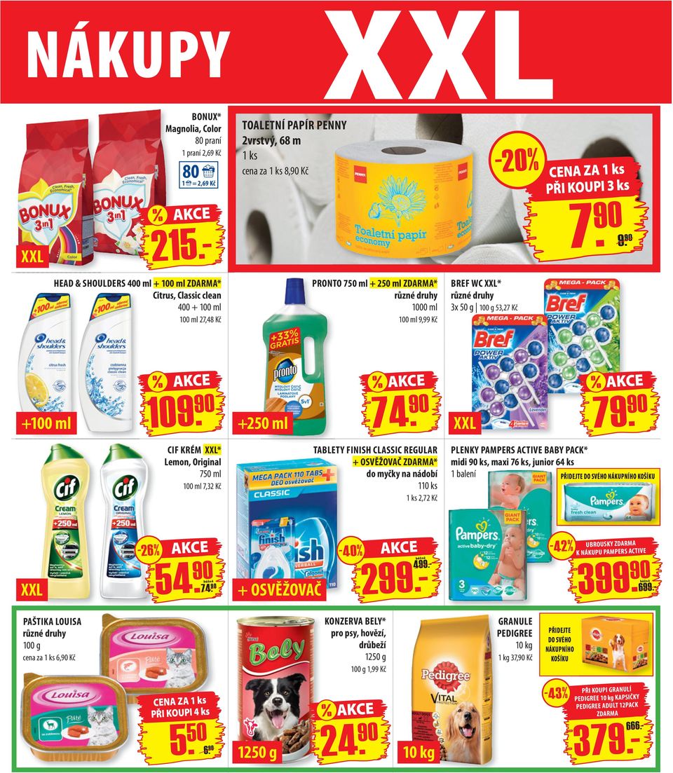CIF KRÉM * Lemon, Original 750 ml 100 ml 7,32 Kč TABLETY FINISH CLASSIC REGULAR + OSVĚŽOVAČ * do myčky na nádobí 110 ks 2,72 Kč PLENKY PAMPERS ACTIVE BABY PACK* midi ks, maxi 76 ks, junior 64 ks