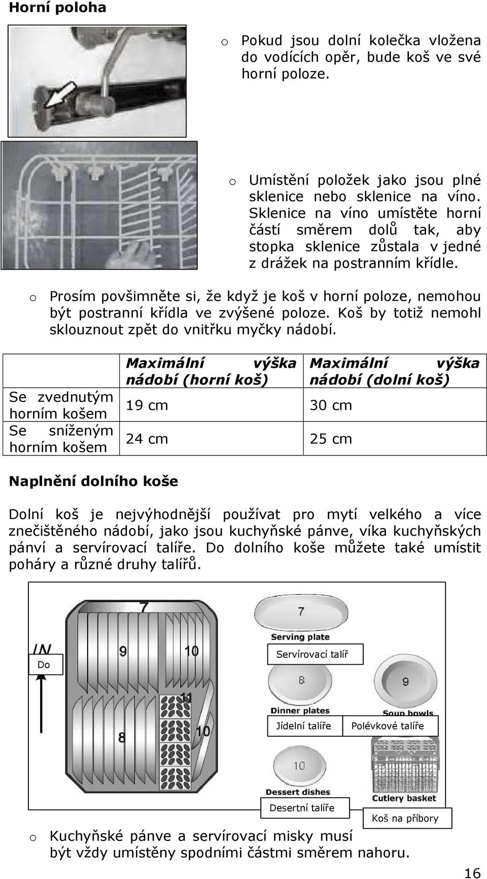 o Prosím povšimněte si, že když je koš v horní poloze, nemohou být postranní křídla ve zvýšené poloze. Koš by totiž nemohl sklouznout zpět do vnitřku myčky nádobí.