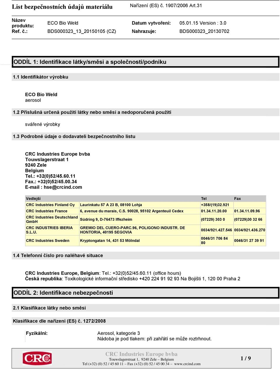 com Vedlejší Tel Fax CRC Industries Finland Oy Laurinkatu 57 A 23 B, 08100 Lohja +358/(19)32.921 CRC Industries France 6, avenue du marais, C.S. 90028, 95102 Argenteuil Cedex 01.34.11.20.00 01.34.11.09.