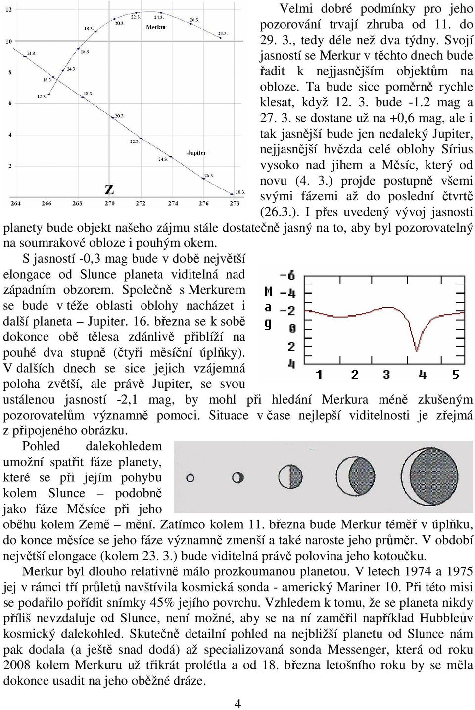 bude -1.2 mag a 27. 3. se dostane už na +0,6 mag, ale i tak jasnější bude jen nedaleký Jupiter, nejjasnější hvězda celé oblohy Sírius vysoko nad jihem a Měsíc, který od novu (4. 3.) projde postupně všemi svými fázemi až do poslední čtvrtě (26.