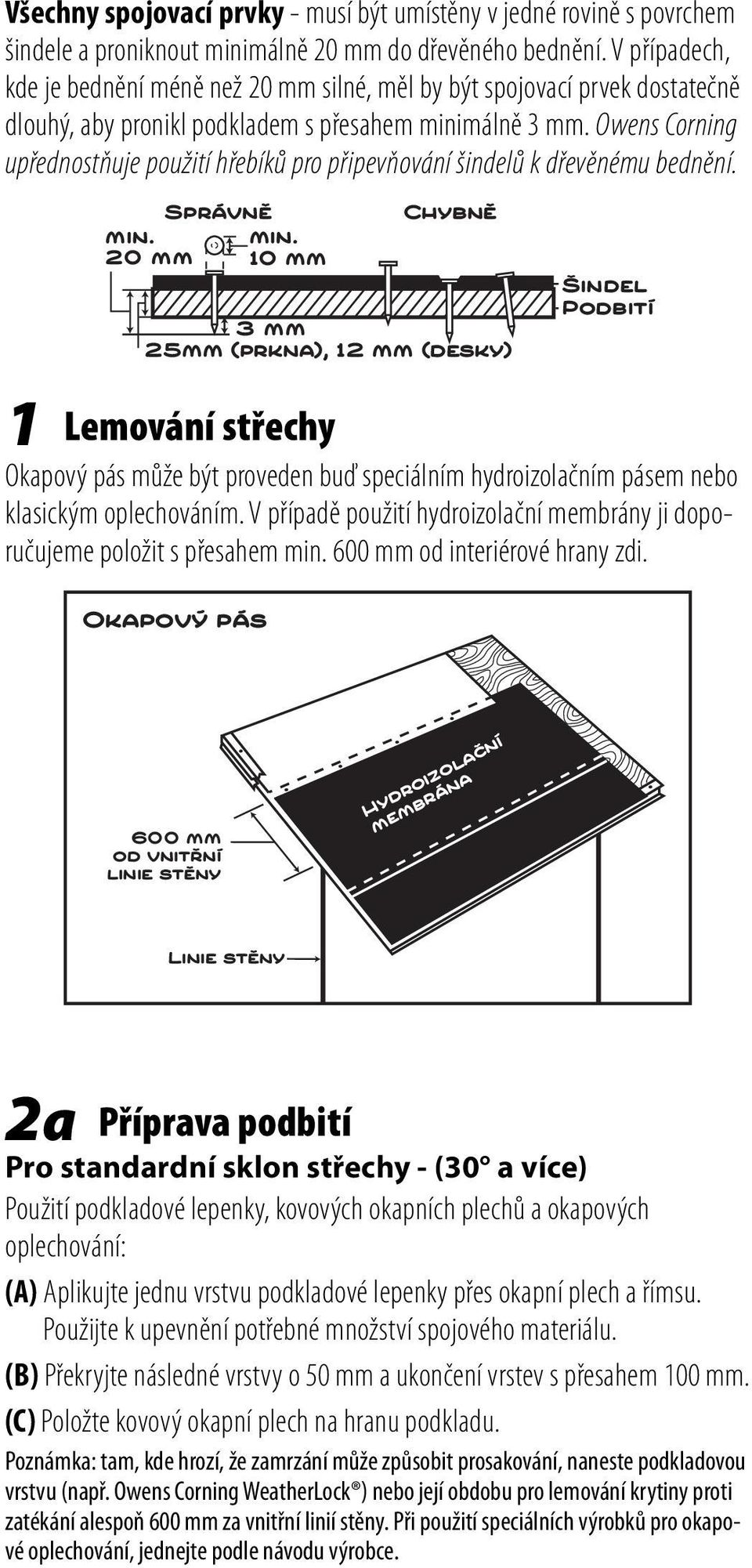 Owens Corning upřednostňuje použití hřebíků pro připevňování šindelů k dřevěnému bednění. min. 20 mm Správně min.