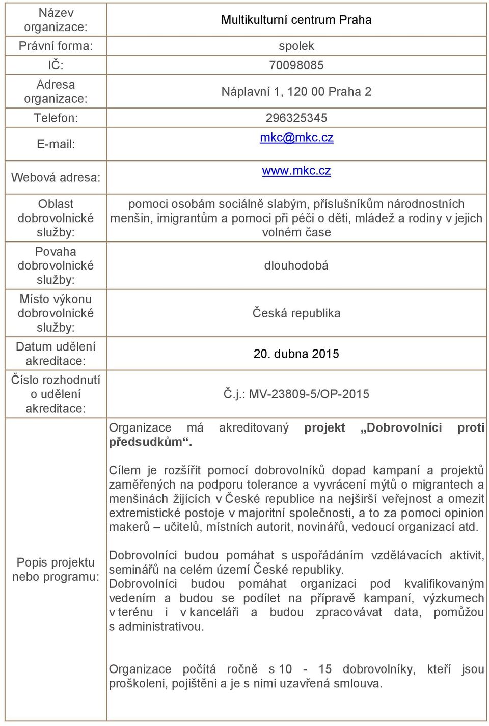 jich volném čase Česká republika 20. dubna 2015 Č.j.: MV-23809-5/OP-2015 Organizace má akreditovaný projekt Dobrovolníci proti předsudkům.
