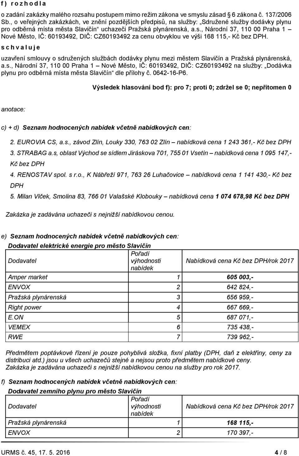 0642-16-P6. Výsledek hlasování bod f): pro 7; proti 0; zdržel se 0; nepřítomen 0 anotace: c) + d) Seznam hodnocených nabídek včetně nabídkových cen: 2. EUROVIA CS, a.s., závod Zlín, Louky 330, 763 02 Zlín nabídková cena 1 243 361,- Kč bez DPH 3.