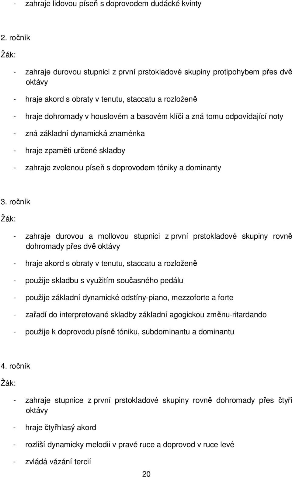 tomu odpovídající noty - zná základní dynamická znaménka - hraje zpaměti určené skladby - zahraje zvolenou píseň s doprovodem tóniky a dominanty 3.