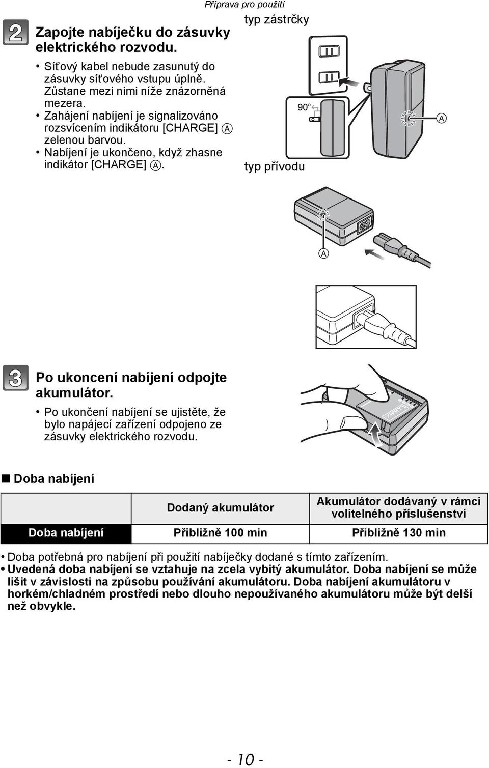 Příprava pro použití typ zástrčky typ přívodu Po ukoncení nabíjení odpojte akumulátor. Po ukončení nabíjení se ujistěte, že bylo napájecí zařízení odpojeno ze zásuvky elektrického rozvodu.