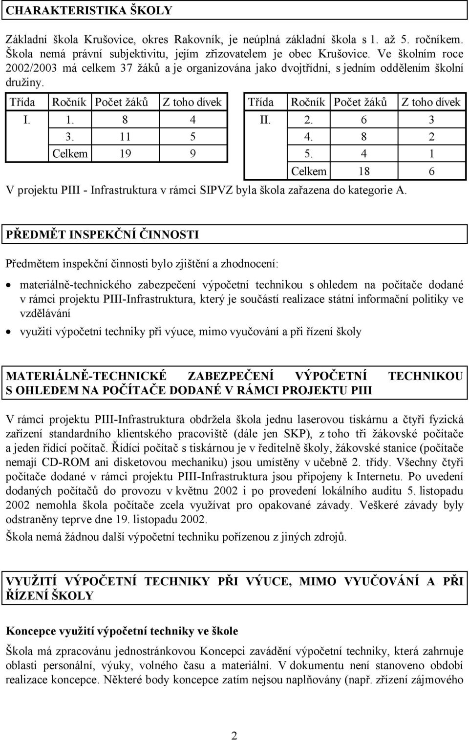 8 4 II. 2. 6 3 3. 11 5 4. 8 2 Celkem 19 9 5. 4 1 Celkem 18 6 V projektu PIII - Infrastruktura v rámci SIPVZ byla škola zařazena do kategorie A.