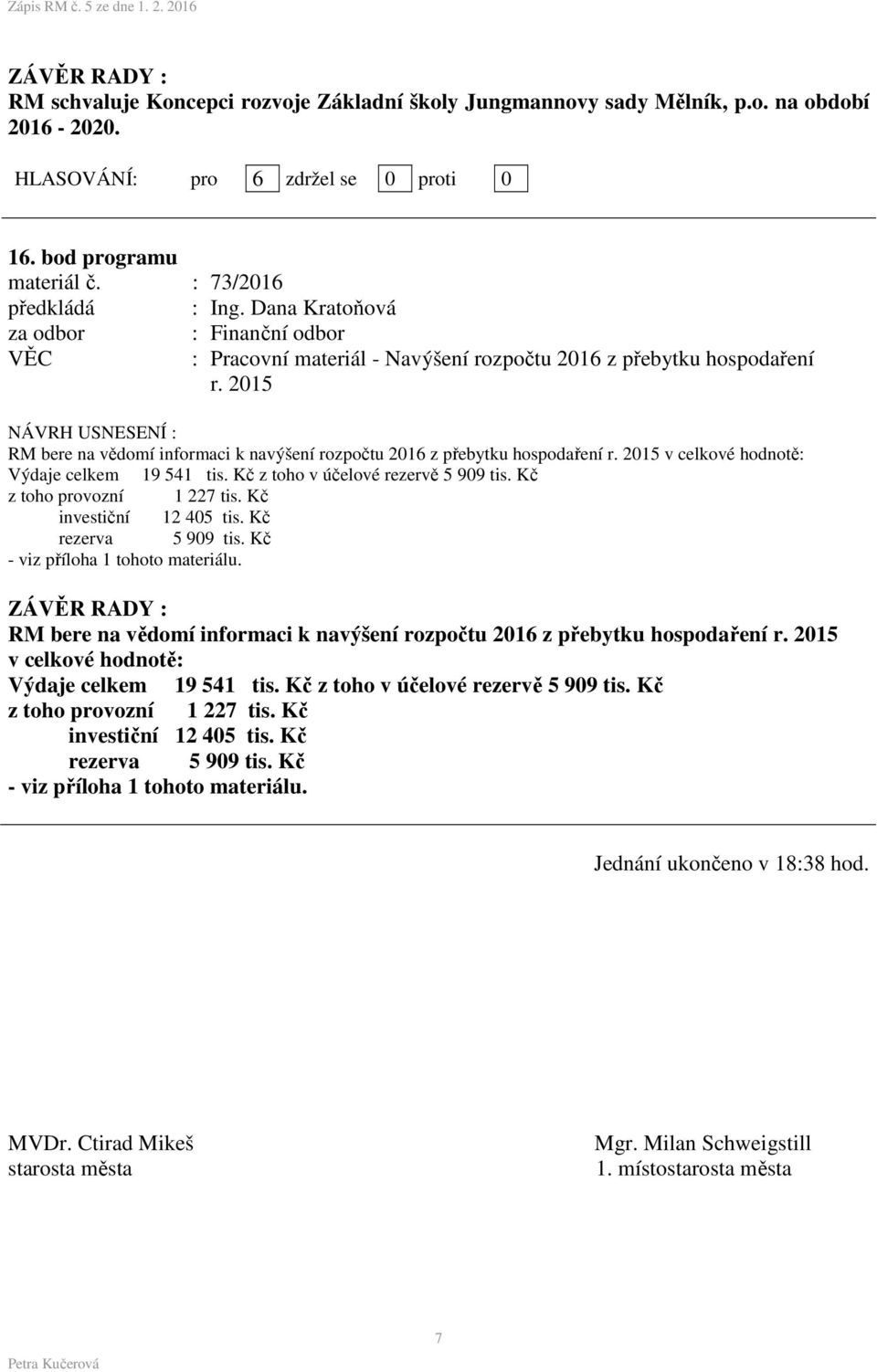 2015 v celkové hodnotě: Výdaje celkem 19 541 tis. Kč z toho v účelové rezervě 5 909 tis. Kč z toho provozní 1 227 tis. Kč investiční 12 405 tis. Kč rezerva 5 909 tis.