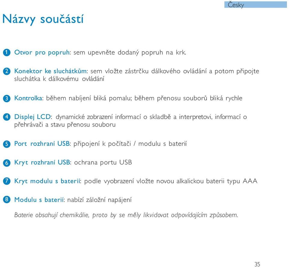 bliká rychle Displej LCD: dynamické zbrazení infrmací skladbě a interpretvi, infrmací přehrávači a stavu přensu subru Prt rzhraní USB: připjení k pčítači /