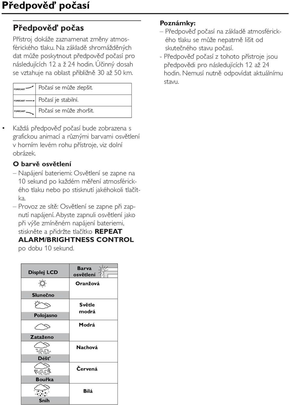 - Předpověď počasí z tohoto přístroje jsou předpovědi pro následujících 12 až 24 hodin. Nemusí nutně odpovídat aktuálnímu stavu. Počasí je stabilní. Počasí se může zhoršit.