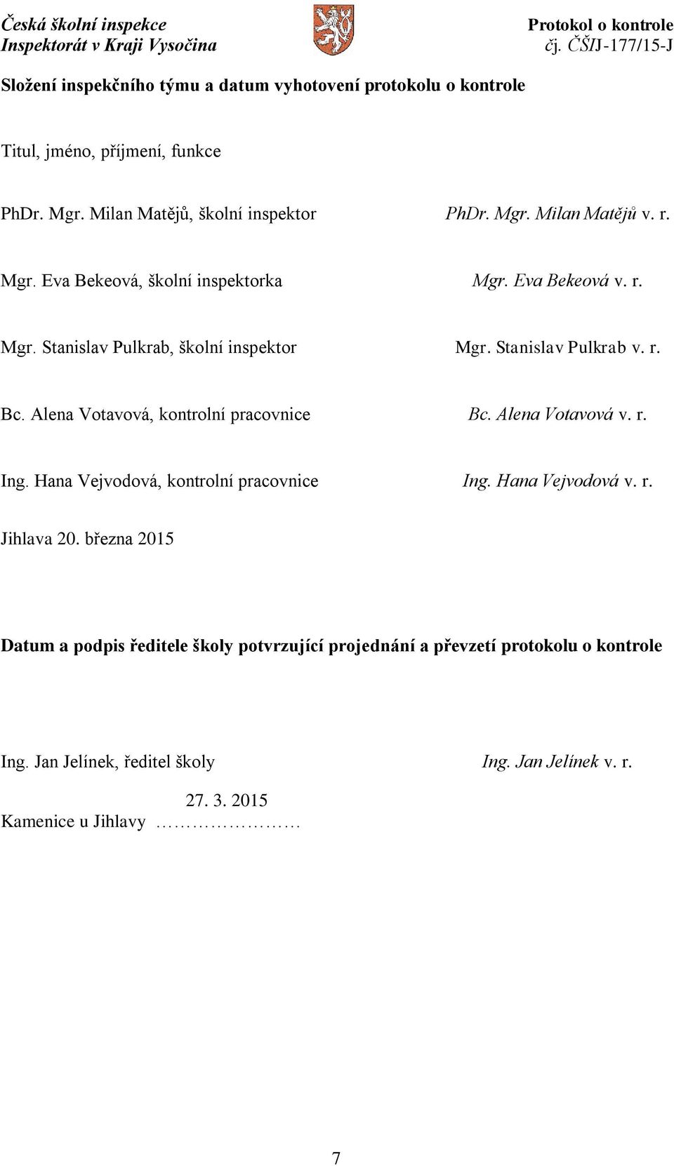 Alena Votavová, kontrolní pracovnice Bc. Alena Votavová v. r. Ing. Hana Vejvodová, kontrolní pracovnice Ing. Hana Vejvodová v. r. Jihlava 20.