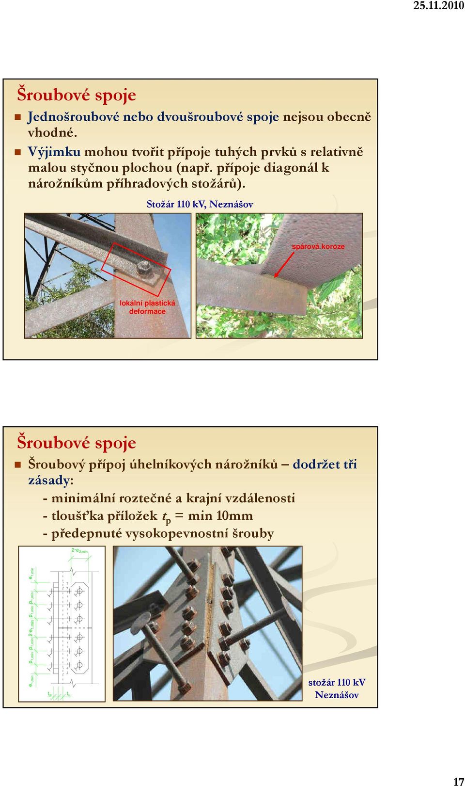 Stožár 110 kv, Neznášov spárová koroze lokální plastická deformace Šroubové spoje Šroubový přípoj úhelníkových nárožníků dodržet tři zásady: