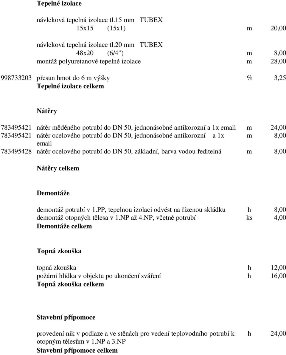 jednonásobné antikorozní a 1x email m 24,00 783495421 nátěr ocelového potrubí do DN 50, jednonásobné antikorozní a 1x m 8,00 email 783495428 nátěr ocelového potrubí do DN 50, základní, barva vodou