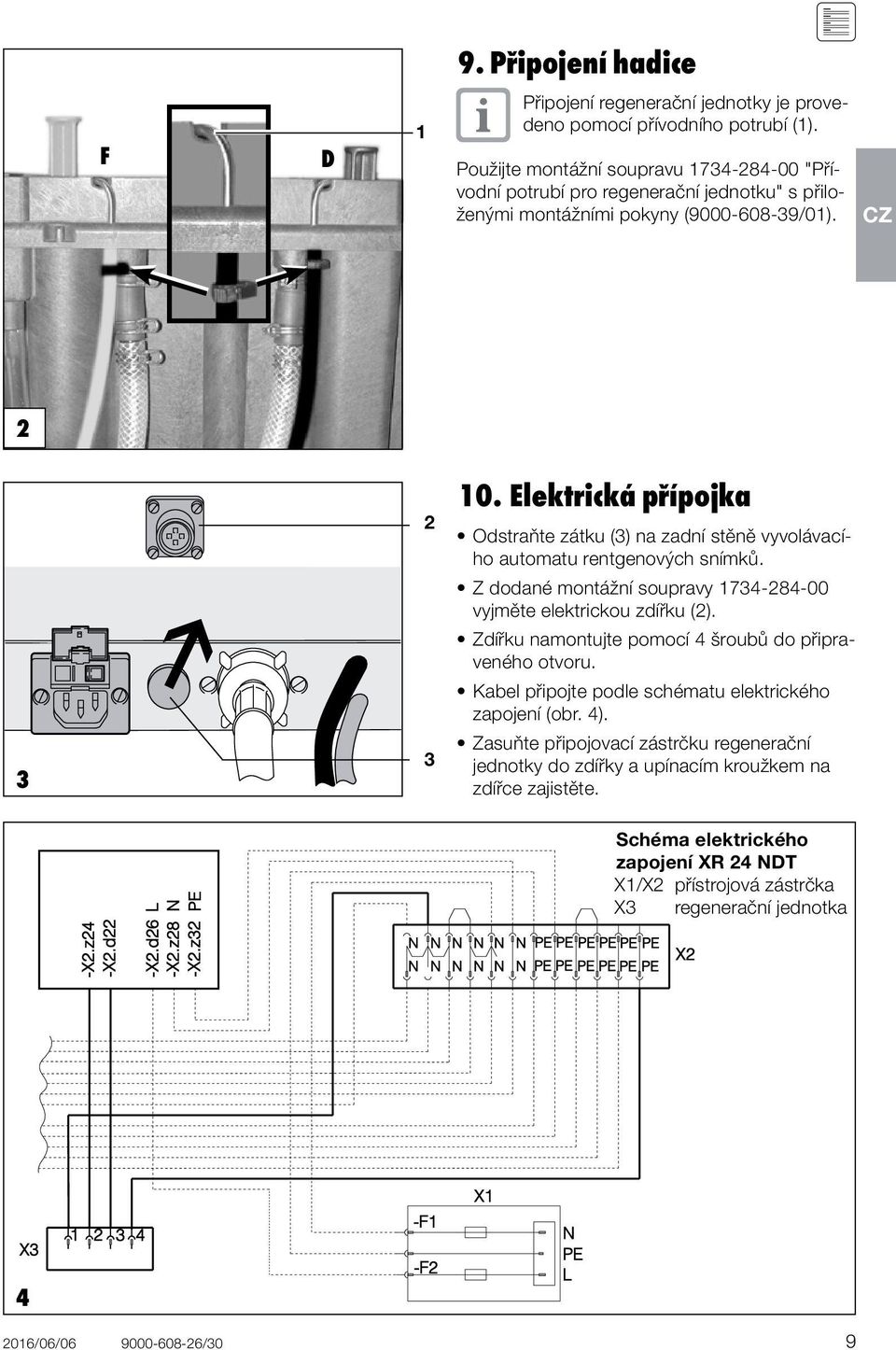 Elektrická přípojka Odstraňte zátku (3) na zadní stěně vyvolávacího automatu rentgenových snímků. Z dodané montážní soupravy 1734-284-00 vyjměte elektrickou zdířku (2).