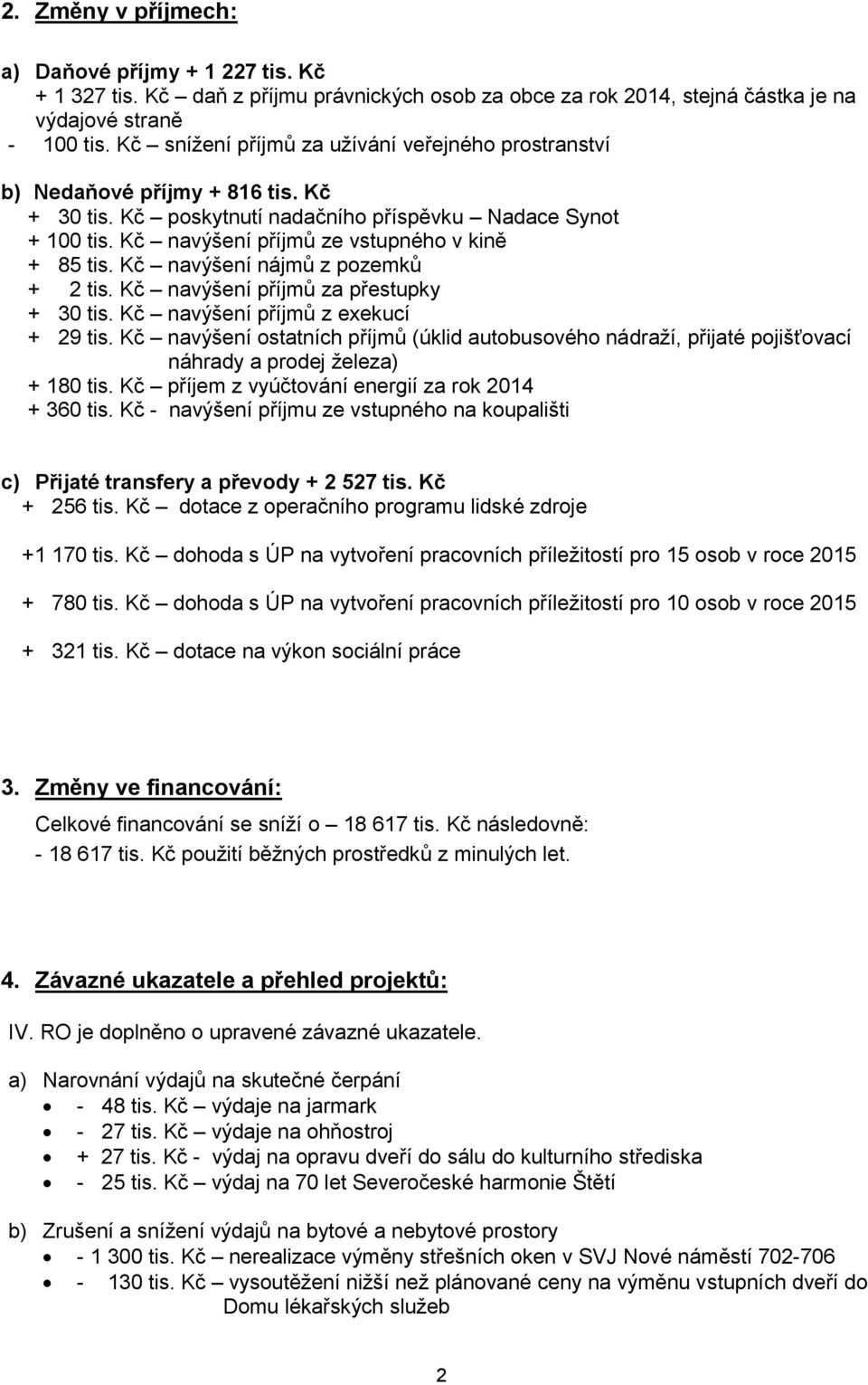 Kč navýšení příjmů ze vstupného v kině + 85 tis. Kč navýšení nájmů z pozemků + 2 tis. Kč navýšení příjmů za přestupky + 30 tis. Kč navýšení příjmů z exekucí + 29 tis.