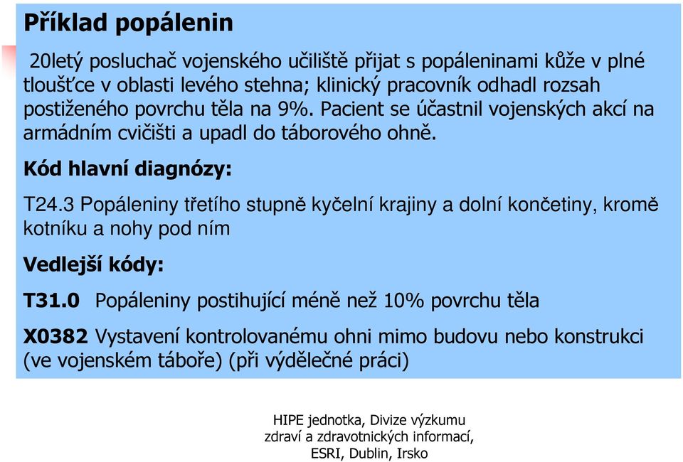 Kód hlavní diagnózy: T24.3 Popáleniny třetího stupně kyčelní krajiny a dolní končetiny, kromě kotníku a nohy pod ním Vedlejší kódy: T31.