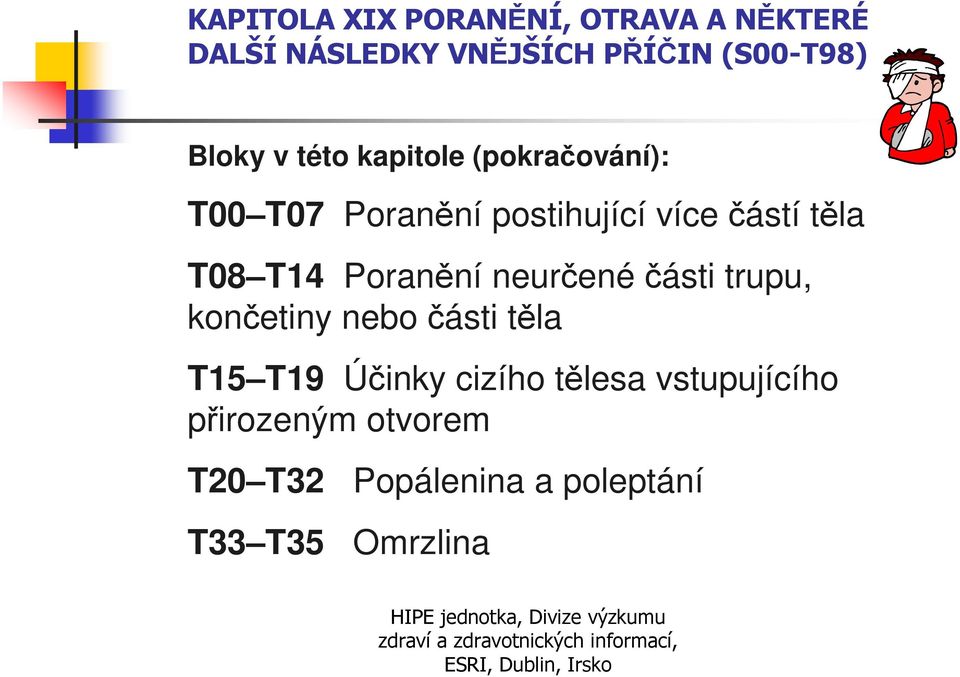 T08 T14 Poranění neurčenéčásti trupu, končetiny nebo části těla T15 T19 Účinky