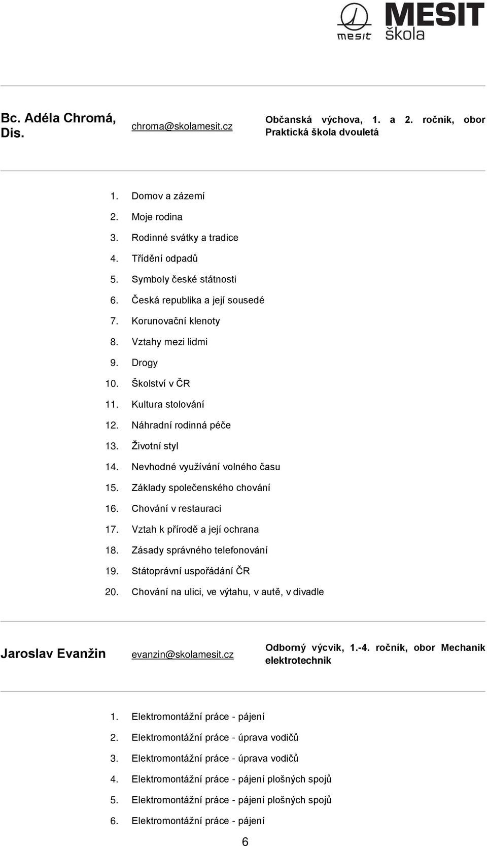 Nevhodné využívání volného času 15. Základy společenského chování 16. Chování v restauraci 17. Vztah k přírodě a její ochrana 18. Zásady správného telefonování 19. Státoprávní uspořádání ČR 20.