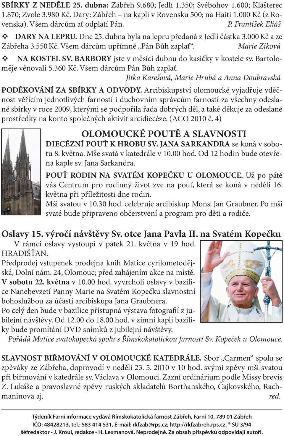 BARBORY jste v měsíci dubnu do kasičky v kostele sv. Bartoloměje věnovali 5.360 Kč. Všem dárcům Pán Bůh zaplať. Jitka Karešová, Marie Hrubá a Anna Doubravská PODĚKOVÁNÍ ZA SBÍRKY A ODVODY.